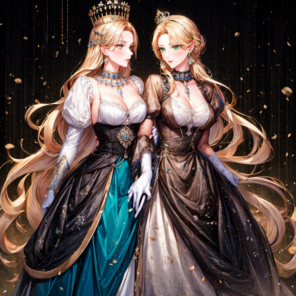 girly style, (flower background, romance comics), 2 girl, blond, alone, long hair, flower, skirt, crown, white skirt, Gloves, Long sleeve, collar, Green eyes, mascara, cosmetics, white Gloves, black bow, black flower, Straight Hair, drill hair, french OKid, bow, OK, jewelry, looking at the audience, White background, clavicle, y sleeves, silver accessories, full-body shot, parted bangs, very long hair, blue skirt, trim, bangs, Keep your mouth shut, delicate eyes, 火flower