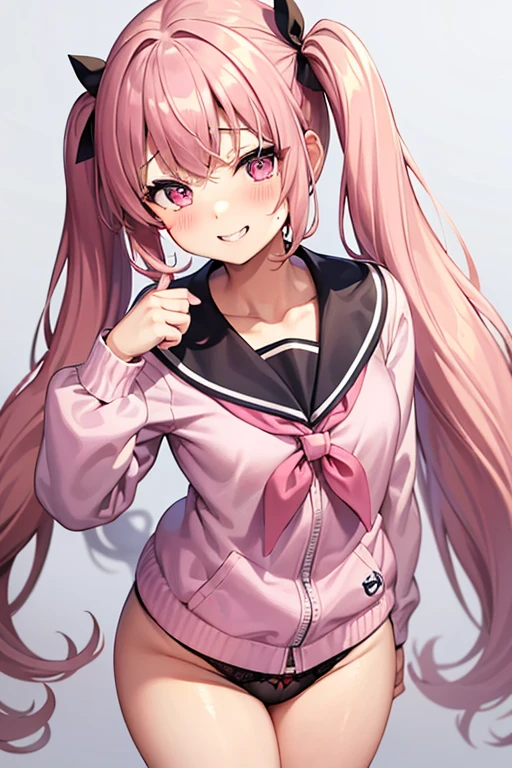 pretty girl、Young face、bionde、Twin tails、Wavy Hair、Pink eyeischievous face、Spoiled brat、uniform、(Sailor suit)、Immature body、Small breasts、Toothy smile、smile、Sweat、sexy panties、(Thick thighs:1.5)、Character portrait, whole body
