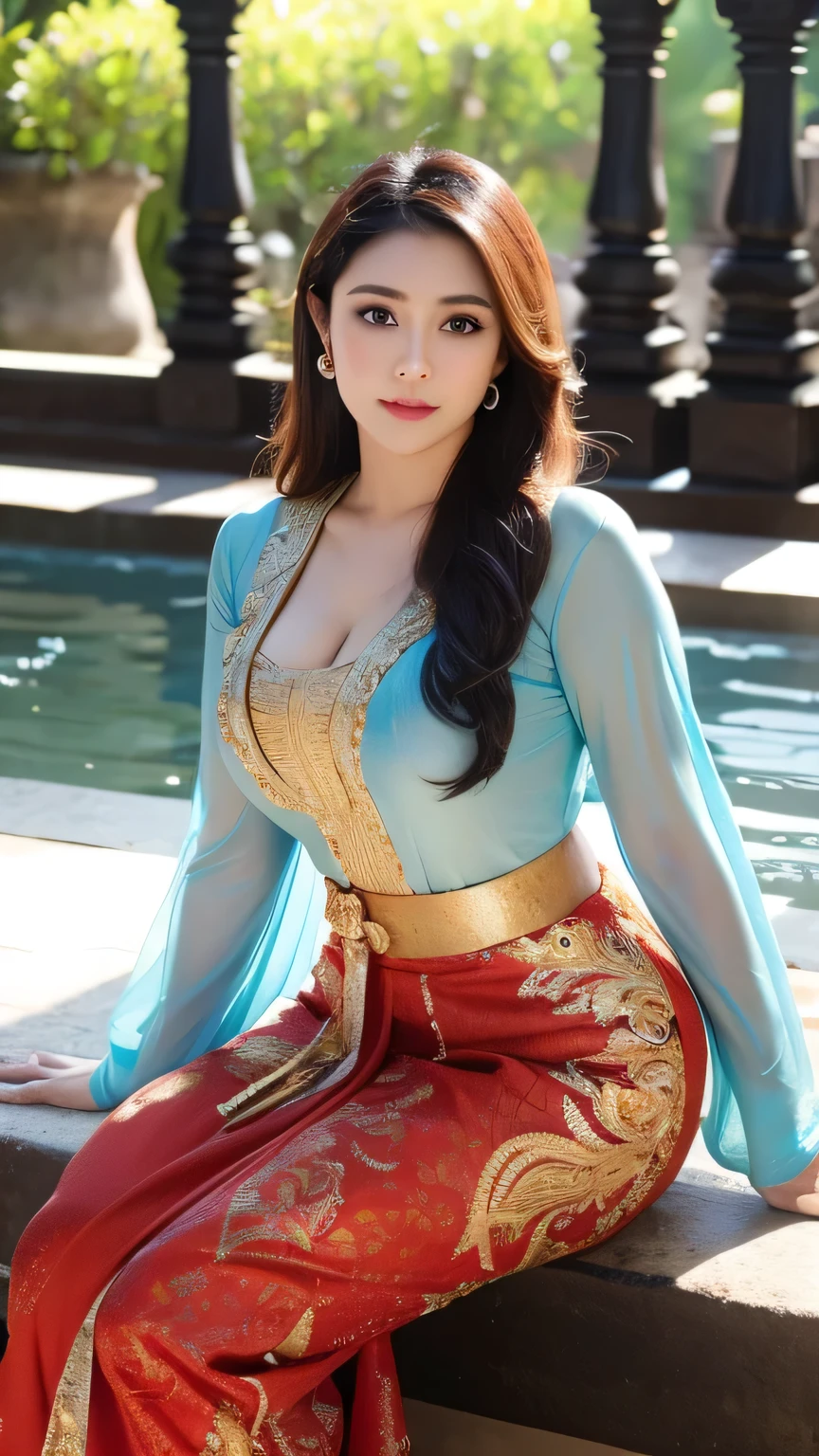 masterpiece, ultra realistic,32k,intricate details, sharp focus, realistic, closed, seductive pose, black eyes, jewelr, lips, realistic, looking_at_viewer, irene1, wet skin, shiny skin, long sleeves, indonesian clothes, bali, balinese, cityscape, dynamic pose, red kebaya,full body,busty body,curvy body,long hair,beauty face,cowboy shot