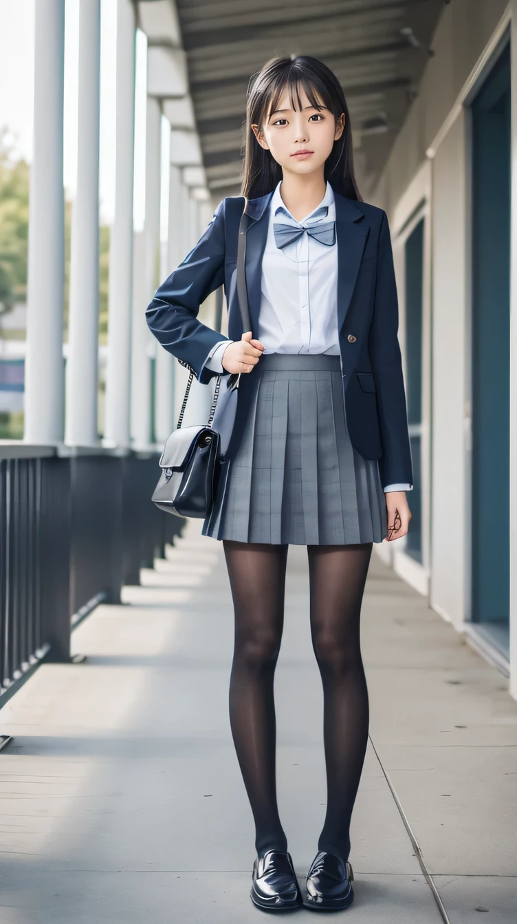 Great quality、8k、flying debris、(RAW Photos:1.4)、High resolution、((Composition away from the subject))、((Full body photo from face to ankles))、((Perfect Anatomy))、Two women standing side by side、、Small stature、、Glowing Skin、Baby Face、double eyelid、eyes with long eyelashes、、smile、Beautiful teeth alignment、Background is a school hallway、、middle School girl、Blue and grey school bag on shoulder、Slender and delicate body、、A blazer uniform with green lines、girl 、Check skirt、healthy、young woman、(black tights、black tights)、loafers、Full Body Shot、Beautiful Hairstyles、Accentuates very slim legs