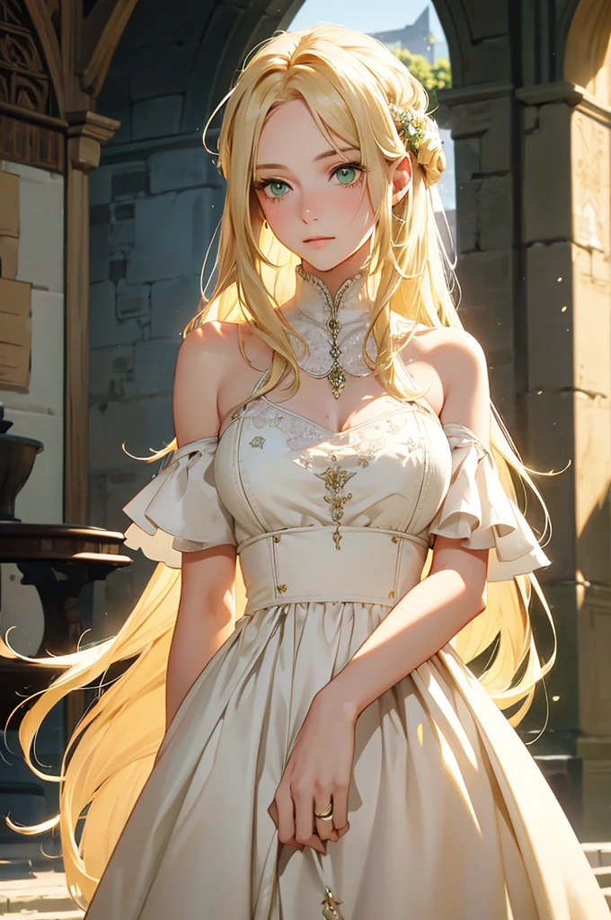 a blond, Long hair, Yellow-green eyes, Woman in her 20s, Gentle Face, White dress, (A masterpiece:1.2), Best Quality, high resolucion, Unity 8k wallpaper, (Illustration:1.0), beautiful detail, beautiful woman, glittering, medieval village_Background with, Solo, perfect light, Extremely detailed CG