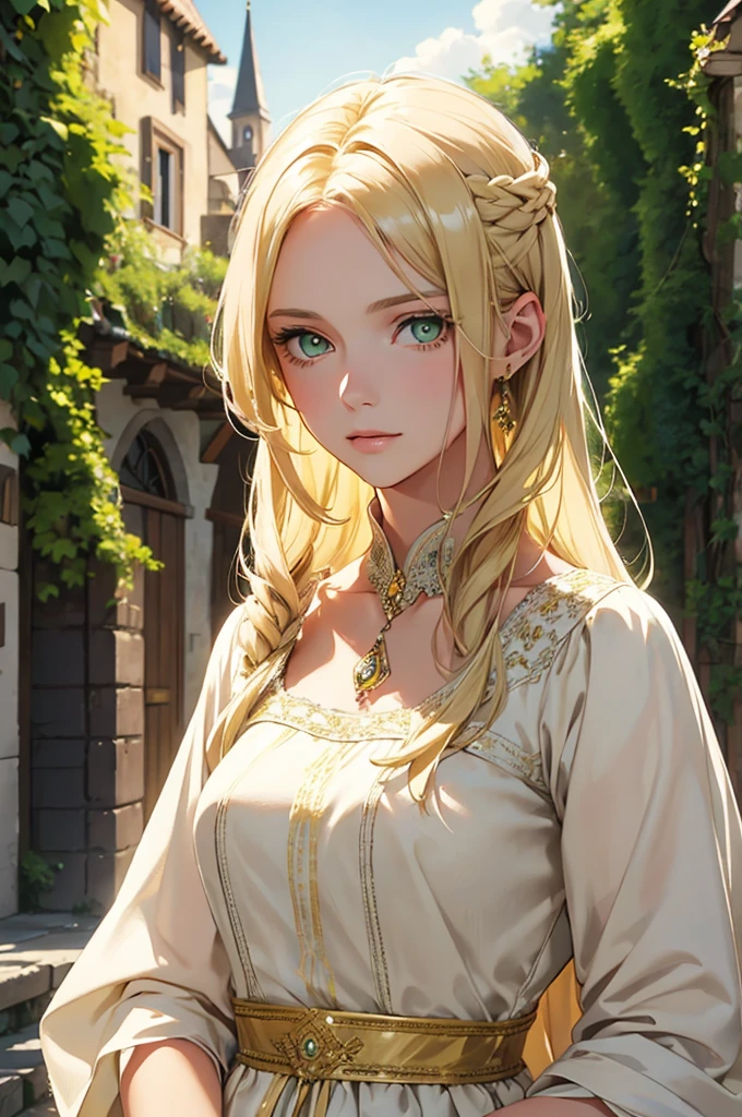 a blond, Long hair, Yellow-green eyes, Woman in her 20s, Gentle Face, White dress, (A masterpiece:1.2), Best Quality, high resolucion, Unity 8k wallpaper, (Illustration:1.0), beautiful detail, beautiful woman, glittering, medieval village_Background with, Solo, perfect light, Extremely detailed CG