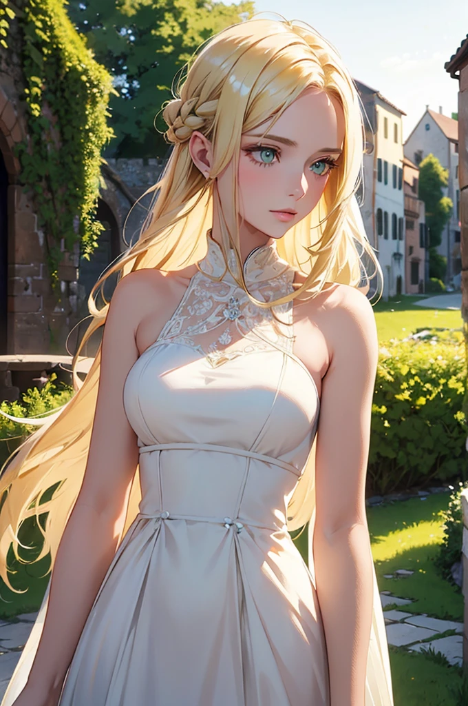 a blond, Long hair, Yellow-green eyes, Woman in her 20s, Gentle Face, White dress, (A masterpiece:1.2), Best Quality, high resolucion, Unity 8k wallpaper, (Illustration:1.0), beautiful detail, beautiful woman, glittering, medieval village_Background with, Solo, perfect light, Extremely detailed CG