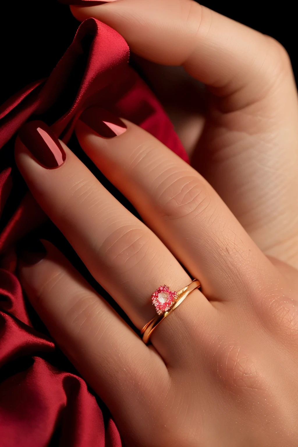 In this 16k HDR quality picture, we find a close-up image of an exquisitely manicured hand, adorned with vibrant red nails that shine under the soft, dramatic lighting. The hand rests gracefully on a luxurious, dark fabric surface, creating a subtle yet sophisticated contrast. The focal point of the image is a gold ring, elegantly positioned on the ring finger. The ring bears the name "Svetlana," beautifully engraved in clear letters, adding a personal touch to the piece. The details of the ring and the texture of the nails are meticulously captured, showcasing the photographer's mastery of realism and hyperdetailed precision.