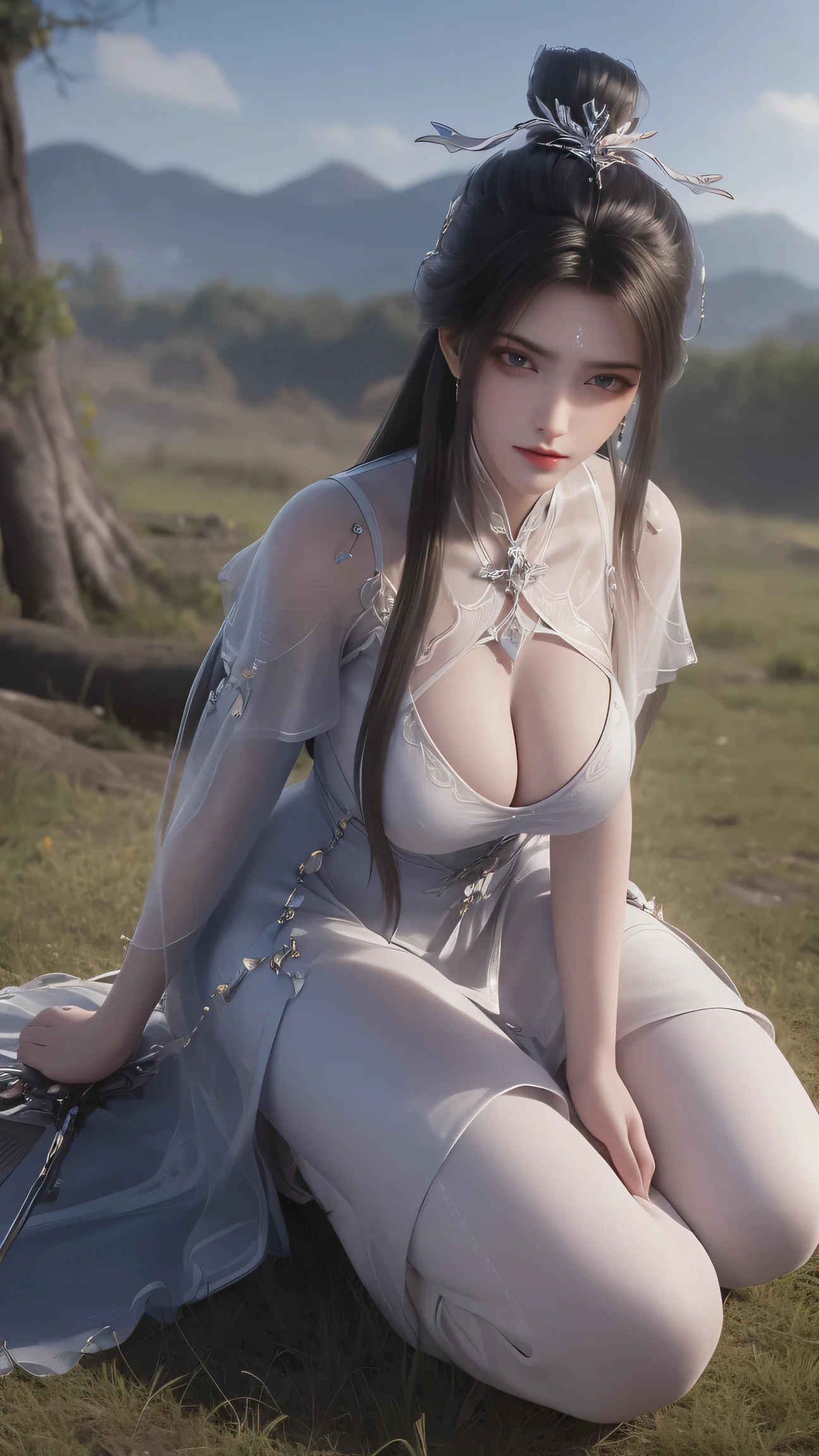 masterpiece,best quality,official art,extremely detailed CG unity 8k wallpaper,high quality,
bare legs,full body,happy,blush,
1girl,thin,(slim body:1.4),looking at viewer,small breasts,
1girl,weapon,sword,earrings,jewelry,long hair,solo,forehead mark,sky,hair ornament,upper body,facial mark,cloud,dress,black hair,blue sky,looking at viewer,white dress,cloudy sky,hair bun,blue hair,
mountain peaks,trees,classical chinese style,
(big breasts:1.6),(bent_over:1.2),(kneeling:1.2),