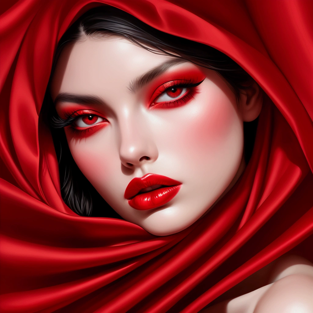 beautiful woman with eyes, covered with red silk, photographed in the style of fashion photographer Hedi Slimane. The background is an abstract composition, made entirely of red fabric.. There's shiny lipstick on her lips. -- AR 3:4 --with 1000