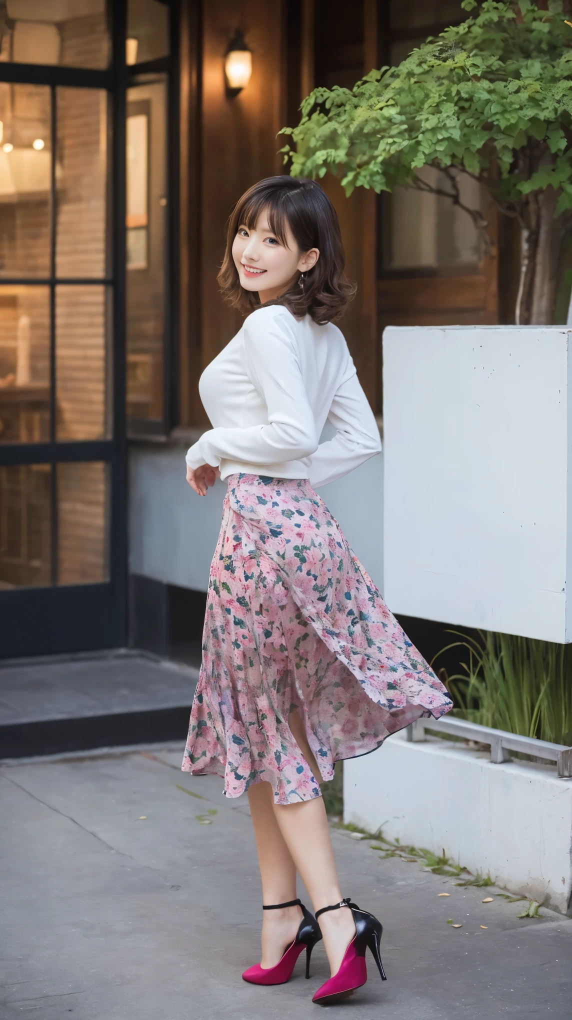 ((masterpiece)),(((Highest quality))),A low-angle shot that emphasizes her beautiful thighs and crotch:1.5,Long legs,The best smile:1.5，Slender figure:1.5，whole body:1.5，(One Girl:1.3),(Viewer Display:1.4)，(Pointy high heels:1.3),(Stand with legs apart on the top of a mountain:1.2),(Wearing a long skirt dress with floral and plant patterns:1.2),Curly and golden hair:1.5，She pulls up her mid-length skirt dress to reveal her sexy magenta panties.:1.2，Raising his hands and jumping:1.5，
