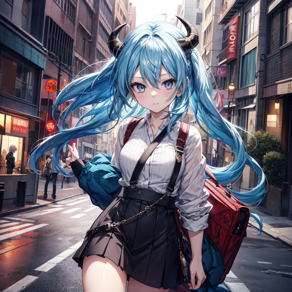 Anime girl with blue hair and horns on the street, 3D real anime, 2. 5d cgi anime fantasy artwork, Anime Style 3d, Anime Style. 8k, 4k Anime Style, 3D style realistic anime, deviantart artstation cgscosiety, Digital anime art, guweiz style art, detailed Digital anime art, White shirt, Dragon Wing