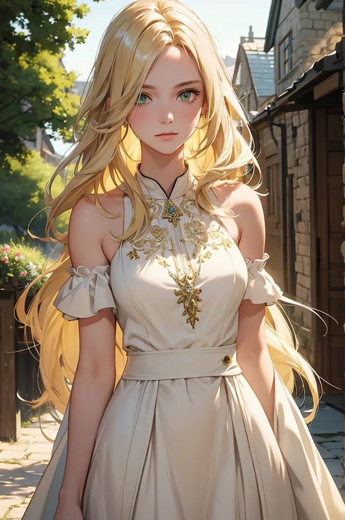 a blond, Long hair, Yellow-green eyes, Woman in her 20s, Gentle Face, White dress, (A masterpiece:1.2), Best Quality, high resolucion, Unity 8k wallpaper, (Illustration:1.0), beautiful detail, beautiful woman, glittering, medieval village_Background with, Solo, perfect light, Extremely detailed CG