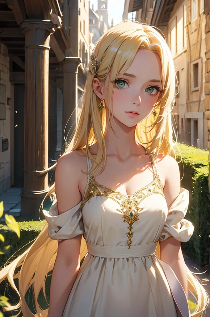 a blond, Long hair, Yellow-green eyes, Woman in her 20s, Gentle Face, White dress, (A masterpiece:1.2), Best Quality, high resolucion, Unity 8k wallpaper, (Illustration:1.0), beautiful detail, beautiful woman, glittering, medieval village_Background with, Solo, perfect light, Extremely detailed CG