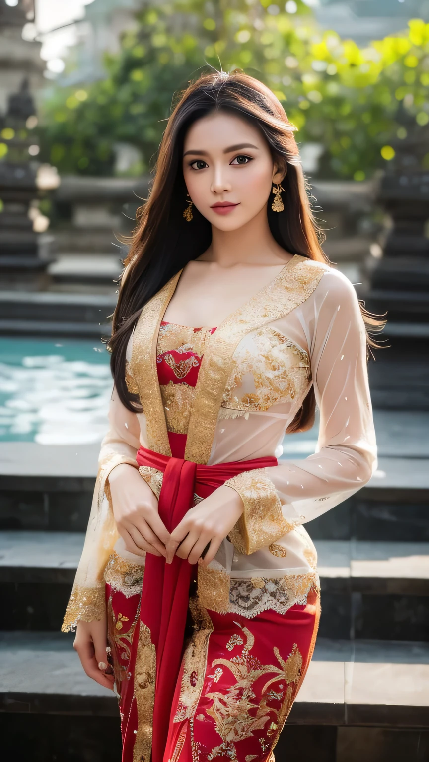masterpiece, ultra realistic,32k,intricate details, sharp focus, realistic, closed, seductive pose, black eyes, jewelr, lips, realistic, looking_at_viewer, irene1, wet skin, shiny skin, long sleeves, indonesian clothes, bali, balinese, cityscape, dynamic pose, red kebaya,full body,slim body,nice body,long hair,beauty face,cowboy shot