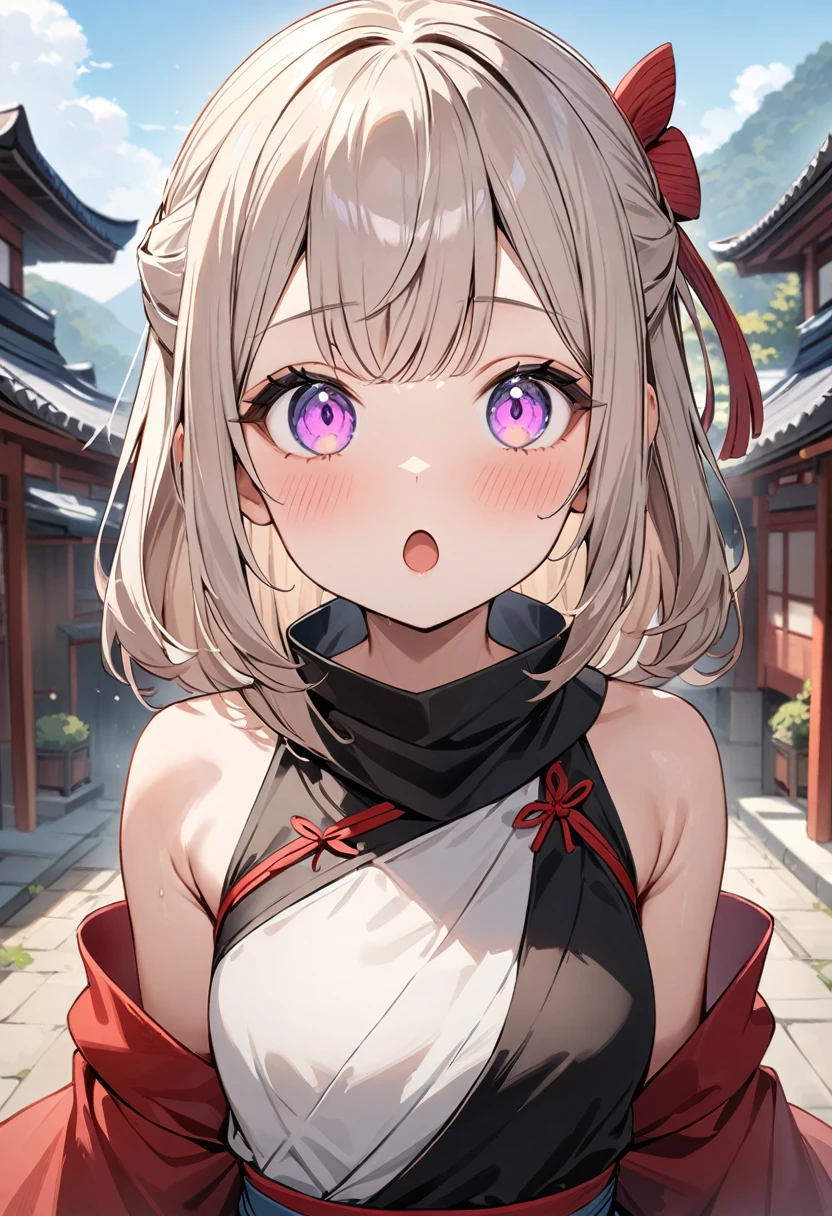 (masterpiece, top quality, very aesthetic, 4k、illustration), intricate detail, 1girl,Standing 、(upper body)、:o、(:o),Cute 、Random Hair Color、,middle hair,sidelock ,Random Color eyes、ninja clothes、small breasts、Slim 、
