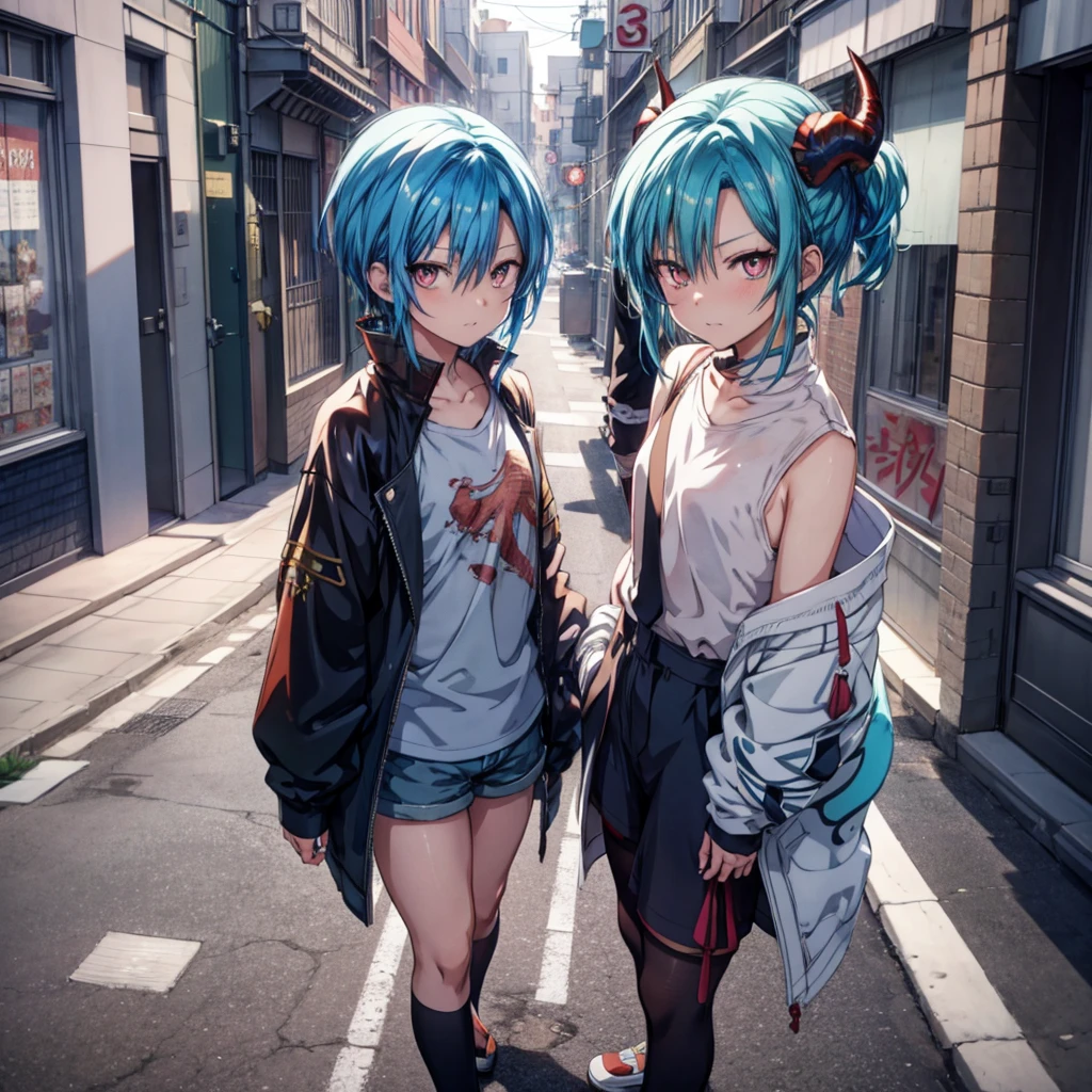 Anime girl with blue hair and horns on the street, 3D real anime, 2. 5d cgi anime fantasy artwork, Anime Style 3d, Anime Style. 8k, 4k Anime Style, 3D style realistic anime, deviantart artstation cgscosiety, Digital anime art, guweiz style art, detailed Digital anime art, White shirt, Dragon Wing