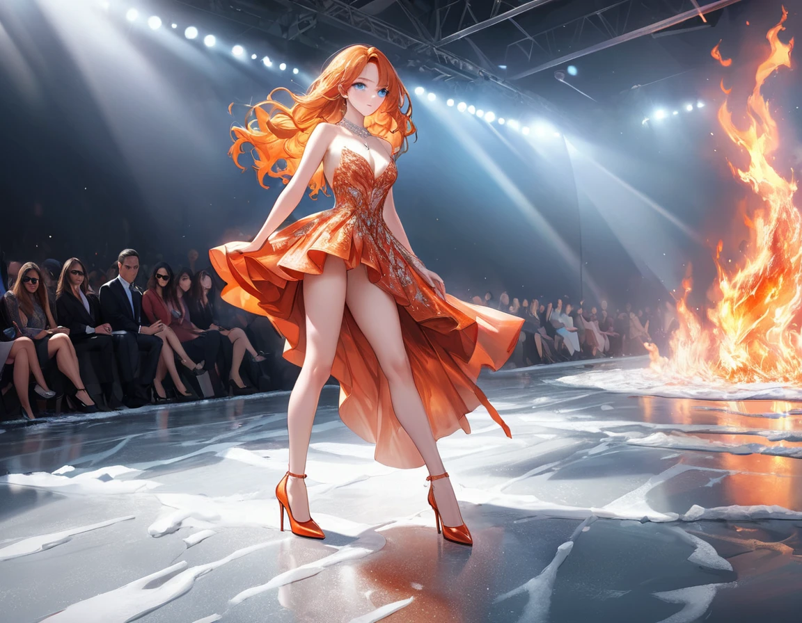 a glamour picture shot, of an elite model covered in fire walking on a icy catwalk, an extraordinary glamourous elite female model, ((full body: 1.5)),  ((anatomically correct: 1.5), (ultra detailed face: 1.2), best detailed face, orange hair, long hair, lush hair, glam hair cut, blue eyes, delicate face, light make up, wearing intricate detailed dress, glamour dress, haute couture dress, elite fashion dress, FireMagicAI,  small cleavage, wearing high heels, elegant high heels, she wears diamond necklace, she is covered in fire, she walks on an icy catwalk, image reflecting in the ice IceMagicAI, vibrant, Hyperrealism style, vibrant, Ultra-high resolution, High Contrast, (masterpiece:1.5), highest quality, Best aesthetics), best details, best quality, highres, ultra wide angle, 16k, [ultra detailed], masterpiece, best quality, (extremely detailed) RAW, chumbasket art style, photograph, photograph