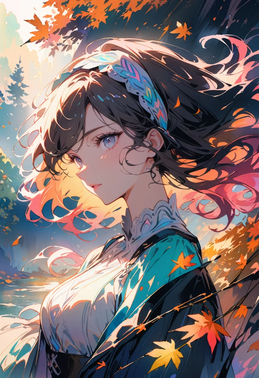 (8k, Highest quality, masterpiece:1.2),(Highest quality:1.0), (Ultra-high resolution:1.0), watercolor, Beautiful woman, shoulder, head band, By Agnes Cecil, bust, Very bright and light design, pastel colour, (ink:1.3), Autumn Light,