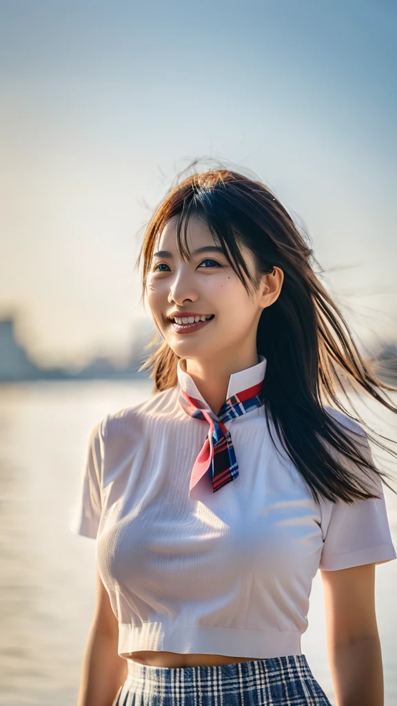 8K raw photo, Best quality, masterpiece, ultra high res, 3d, realistic, 1girl, asian, black_hair, black_sailor_collar, long_hair, nose, school_uniform, neckerchief, natural skin texture, light brown_eye, detailed eyes and face, lips, lipstick, smile, teeth, beautiful legs, enormous breasts, beautiful seaside location, (detailed background), plaid skirt, white shirt, enormous breast, blurry background, short sleeves