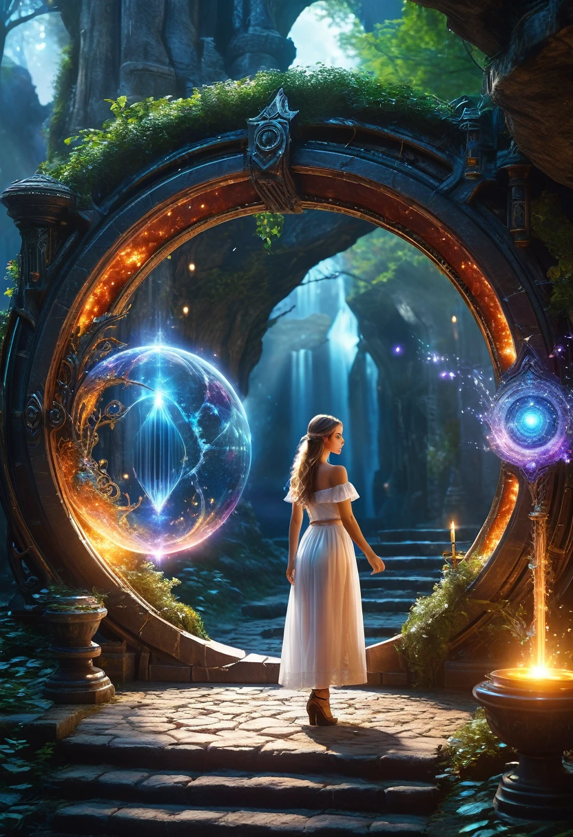 ,Beautiful girl, Fantasy world with magic portal, Everything is magical, The atmosphere is magical, Photo Real, Attention to detail, Highest quality, 4K