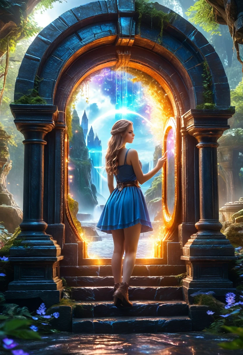 ,Beautiful girl, Fantasy world with magic portal, Everything is magical, The atmosphere is magical, Photo Real, Attention to detail, Highest quality, 4K
