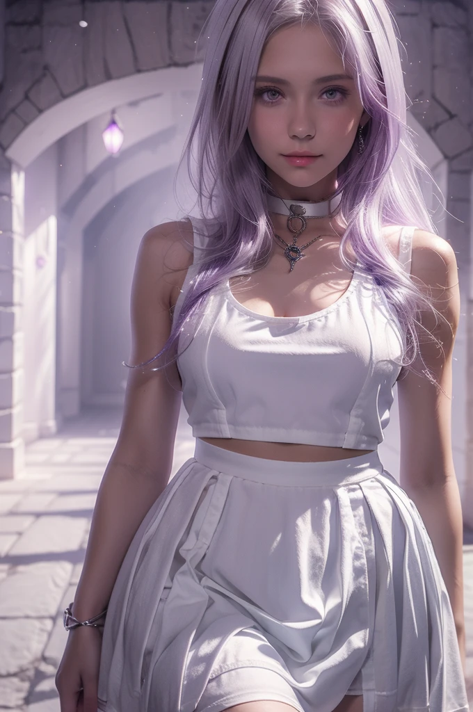 A girl in her late s with long white hair and amethyst eyes wearing a sleeveless open top white dress with a dark purple short skirt in a 2D anime art style with a castle hallway background as a close up face pic