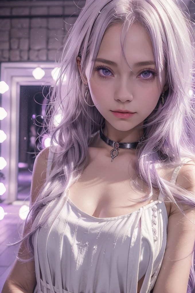 A girl in her late  with long white hair and amethyst eyes wearing a sleeveless open top white dress with a dark purple short skirt in a 2D anime art style with a castle hallway background as a close up face pic 