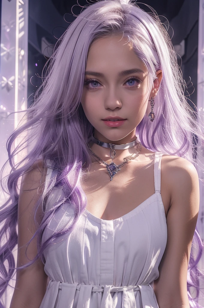 A girl in her late with long white hair and amethyst eyes wearing a sleeveless open top white dress with a dark purple short skirt in a 2D anime art style with a castle hallway background as a close up face pic