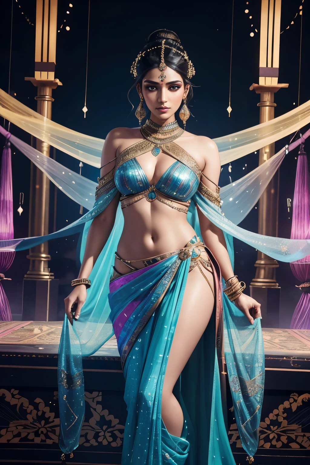 "Create an image of a fashion model showcasing Indian attire in a futuristic, innovative, and fantasy style. She stands in a vibrant, futuristic marketplace with floating stalls and holographic advertisements. The model wears a saree made of shimmering, iridescent fabric that changes color with her movements, adorned with digital patterns that animate and flow like a living tapestry. Her blouse features LED-embedded embroidery that pulsates in rhythm with the ambient sounds. She accessorizes with jewelry that combines traditional Indian designs with high-tech elements, such as a maang tikka that projects a holographic bindi and bangles that glow with embedded nanolights. Her hair is styled in an elaborate updo, intertwined with fiber-optic strands, and her makeup is a blend of traditional kohl eyes and futuristic metallic accents. The backdrop is a blend of ancient Indian architecture and sleek, futuristic elements, creating a seamless fusion of past and future."