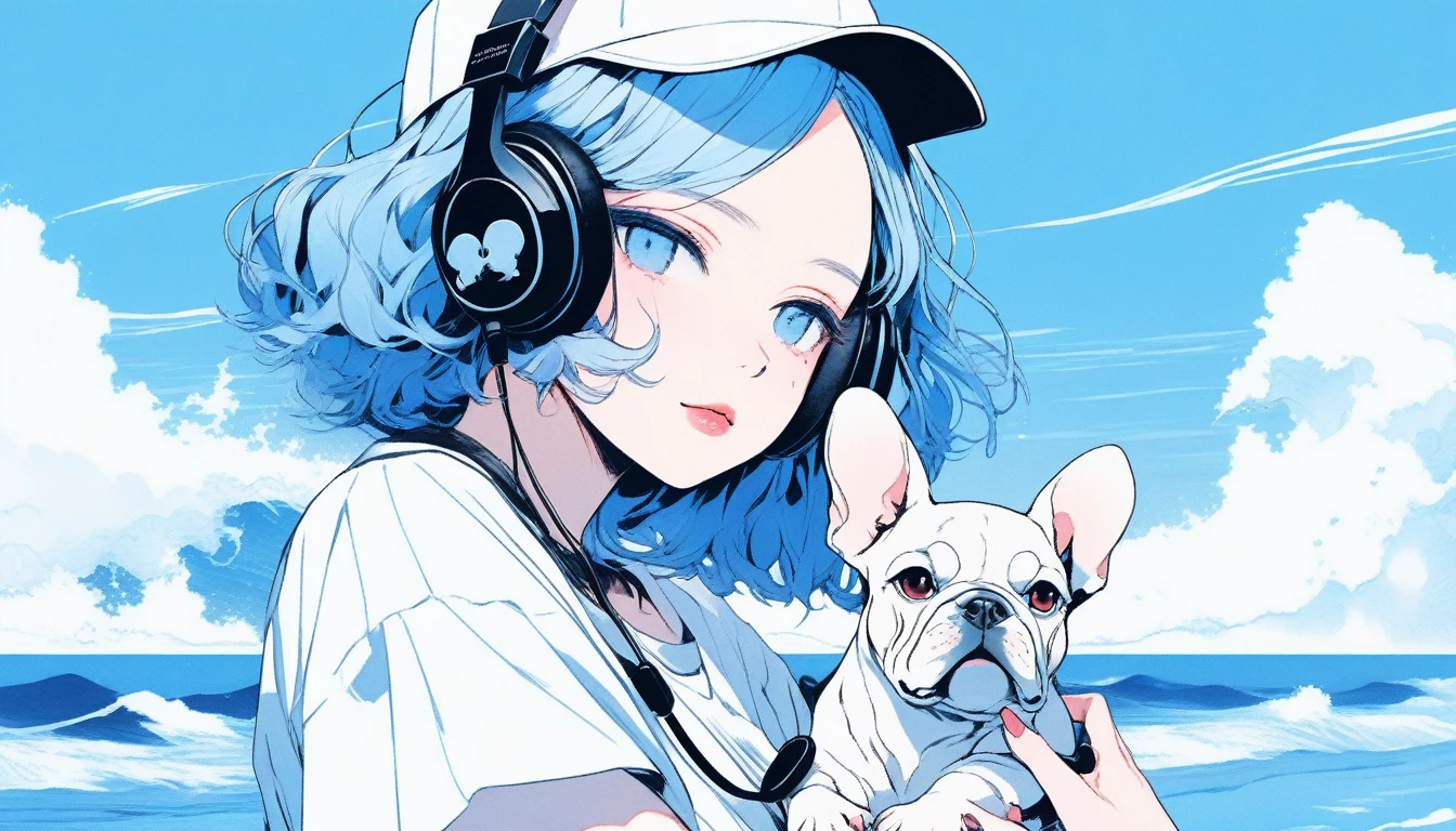 Illustrator, anime , Realistic ,sketch , An adult woman holding a cute bulldog puppy wearing headphones, lip, nail、T-shirt,order,Textured Trim, (masterpiece,Highest quality) Blue background, Neon Hair,Textured Trim, Canadian, (masterpiece,Highest quality) Cancer,Summer landscape、Seaside、Blue sky、white waves、Vision、