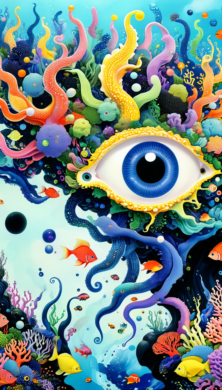 Broto art style，Strong visual fusion of multiple elements，来自Star的艺术家，Autistic artist，Colorful black，Dopamine color scheme，house、Eye、pearl珠帘、Plerogyra sinuosa、Soft coral、pearl、Coral Reef、Star、cloud、Schools of colorful fish、Spore powder、Tentacles，Describing the inner world of autistic people，密集Pointillism method。Smooth lines。interesting，Strange illustration。Pointillism method。Strong contrast。Award-winning works。