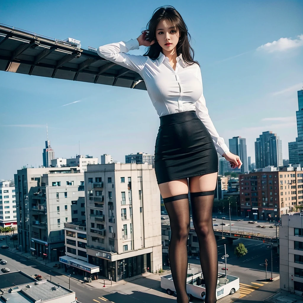 1 tallgts,giantess，Full body photo，BuildingSeat，White tight shirt，Big breasts，pencil skirts，black lence stockings，stiletto，(Long legs:1.2),Extremely tall girl，Above the house，Beautiful looks，Delicatemakeup，Perfect lighting，Cinematic quality，8K,High quality,(GTS:1.5),Aerial View，With tiny