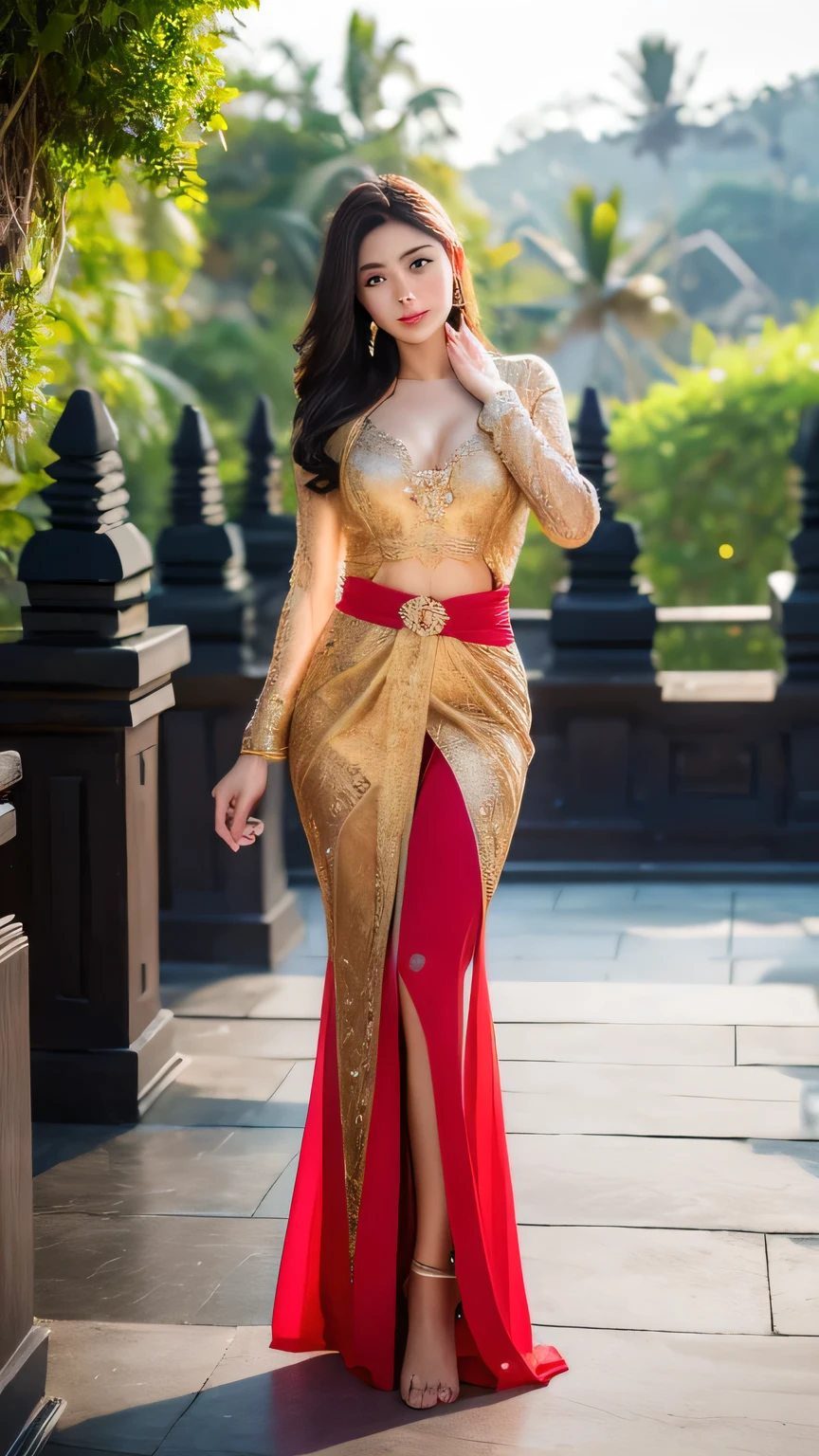 masterpiece, ultra realistic,32k,intricate details, sharp focus, realistic, closed, seductive pose, black eyes, jewelr, lips, realistic, looking_at_viewer, irene1, wet skin, shiny skin, long sleeves, indonesian clothes, bali, balinese, cityscape, dynamic pose, red kebaya,full body,slim body,nice body,long hair,beauty face,cowboy shot