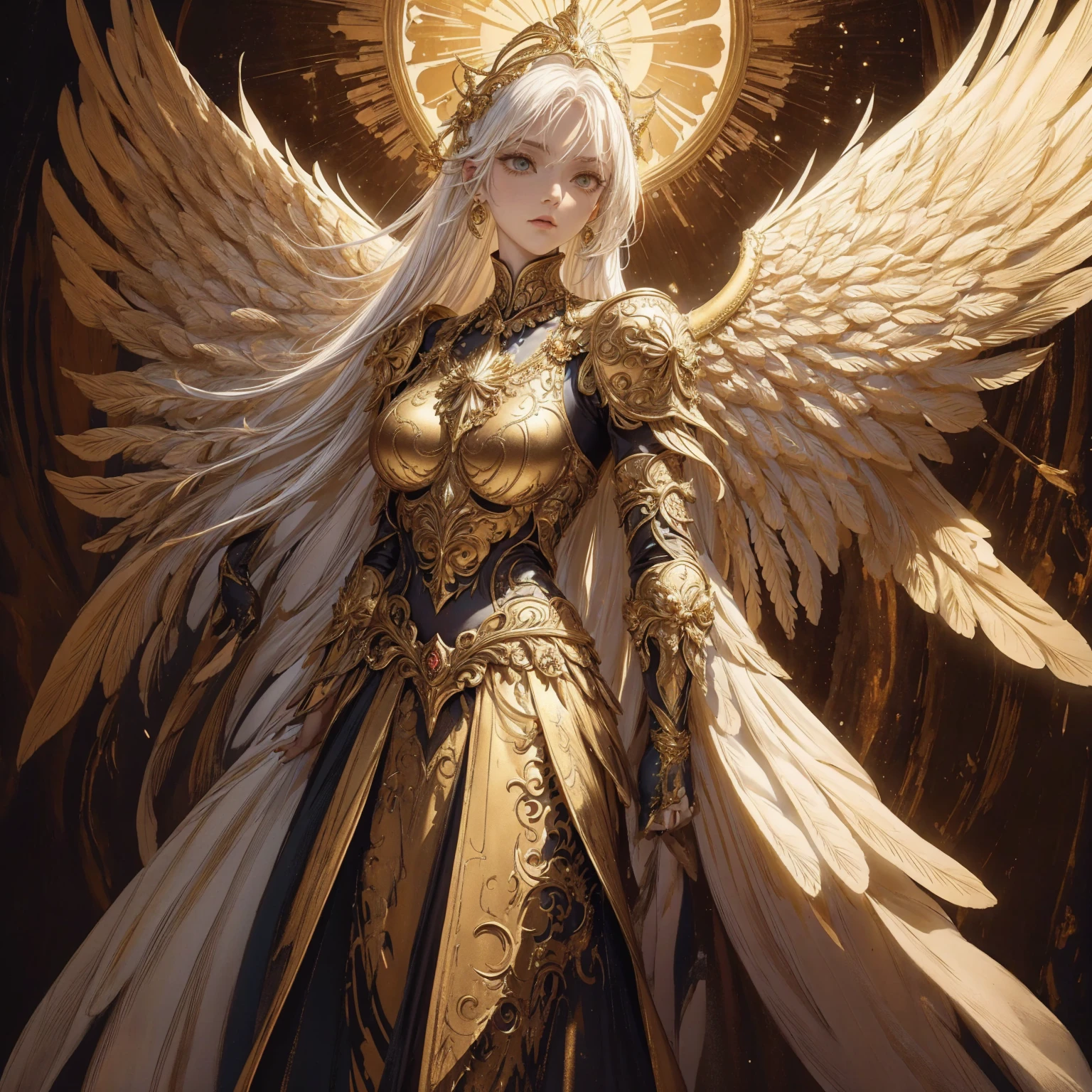 Art of Woman Wearing Sun Crown, Wearing a gorgeous golden metal bra and breastplate that reveals a little skin above the chest, Wearing a gorgeous golden dress with nebula inside, A pair of giant angel wings taller than the body spread out behind the woman., ancient goddess art, Sacredness. Very detailed, Mysterious inspiration, Inspiration from the Sun God, Religious inspiration, A divine background, Cold and snobbish face, Dangerous expressions, White hair, Floating sideways in the void like a goddess, One hand reaches out to the sky while the other hand holds a brilliant orb as bright as the sun., Full body portrait, Gothic art style, Weird art style, Occult art, Halo of angels, contempt eyes, Divine light, Wide-angle lens, Upward Shot
