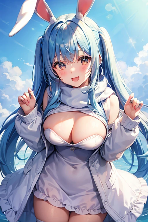 Blue Hair Girl、Rabbit Ears、Large braids on both sides、Bunny girl、Carrot hair ornament、White coat、A fluffy white scarf around the neck