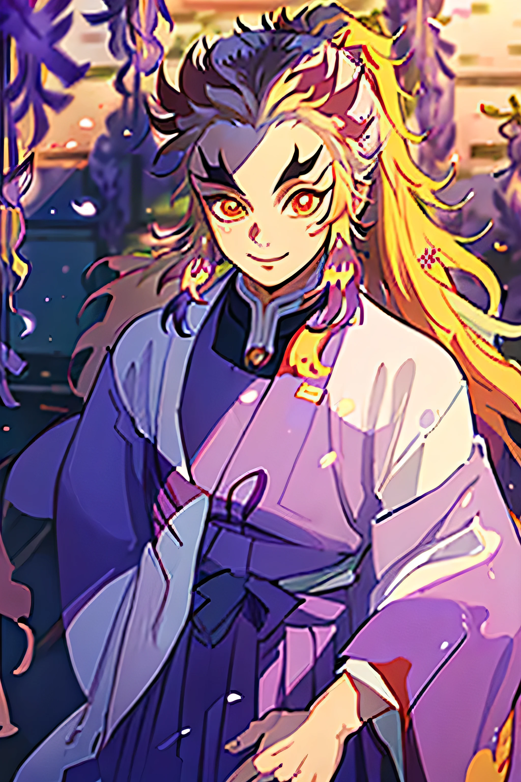 (Masterpiece, Best Quality:1.2), Cowboy shot, solo, male focus, 1 adult boy, Rengoku Kyojuro, ssmile, looking a viewer,  Long hair, high ponytail, Split eyebrows, abstraction, (((Wisteria flower in the background))), (((Onmeji clothing)))