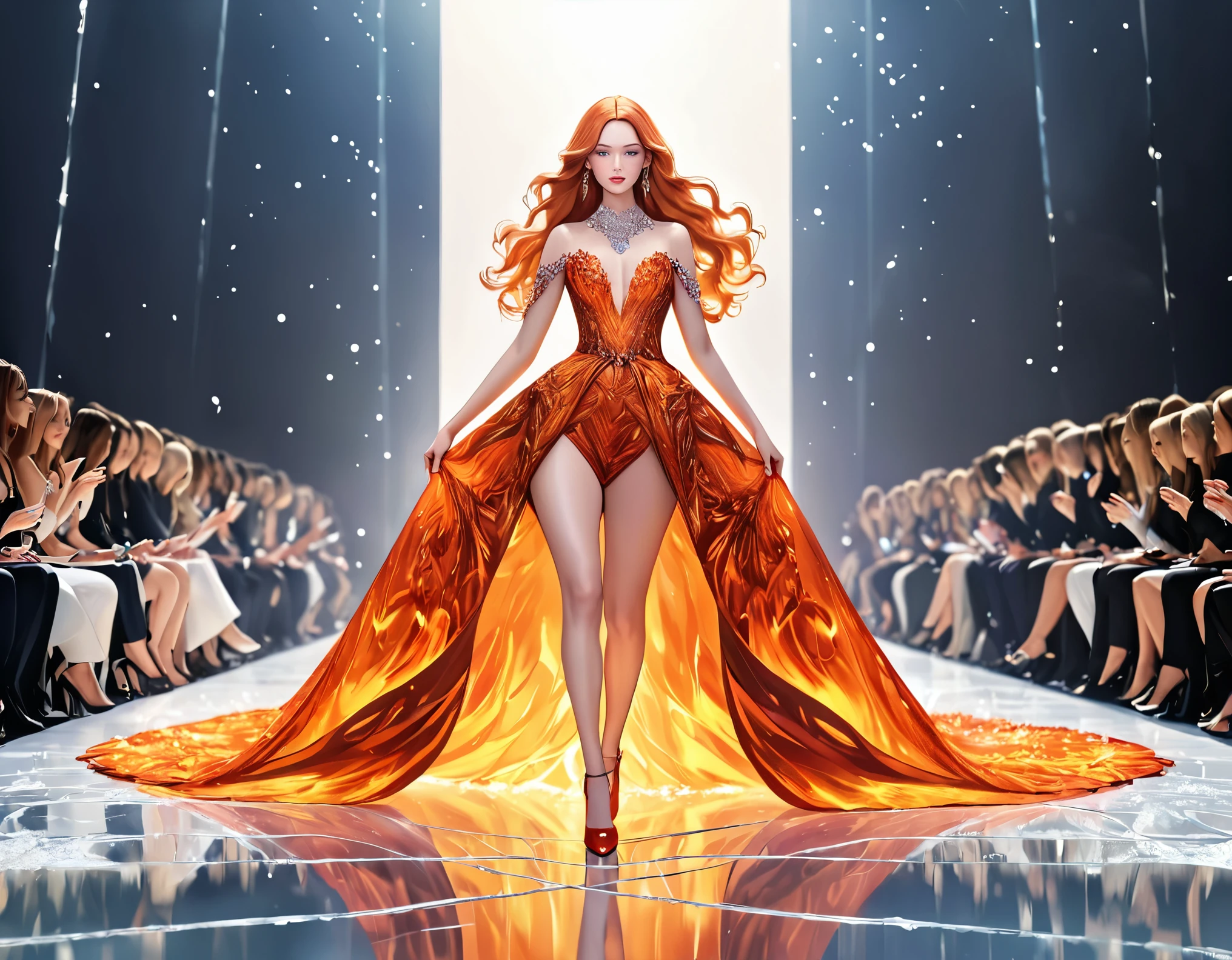 a glamour picture shot, of an elite model covered in fire walking on a icy catwalk, an extraordinary glamourous elite female model, ((full body: 1.5)),  ((anatomically correct: 1.5), (ultra detailed face: 1.2), best detailed face, orange hair, long hair, lush hair, glam hair cut, blue eyes, delicate face, light make up, wearing intricate detailed dress, glamour dress, haute couture dress, elite fashion dress, FireMagicAI,  small cleavage, wearing high heels, elegant high heels, she wears diamond necklace, she is covered in fire, she walks on an icy catwalk, image reflecting in the ice IceMagicAI, vibrant, Hyperrealism style, vibrant, Ultra-high resolution, High Contrast, (masterpiece:1.5), highest quality, Best aesthetics), best details, best quality, highres, ultra wide angle, 16k, [ultra detailed], masterpiece, best quality, (extremely detailed) RAW, chumbasket art style, photograph, photograph