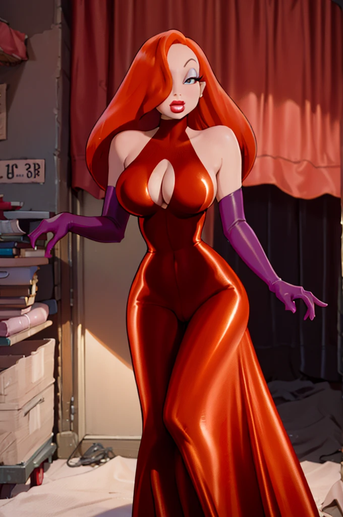 high quality,ultra quality 8k, Ultra 4K,Masterpiece, Orange hair, a tall woman, wide , One eye is hidden by hair, dark purple eyeshadow , Red lipstick, Detailed photos, beauty, attractive body, perfect anatomy of the human body, Jessica rabbit, correct anatomy Bodysuits, Bright red long dress, Dresses with slits up to the waist, Sparkly red sequin dress, Perfect facial balance, long eyelashes, sexy eyebrows, side glance, wide shoulders, Proudly stand up straight, big breasts hands on waist, Soft and sexy look,   pantyhose,  background is a black and white movie set.