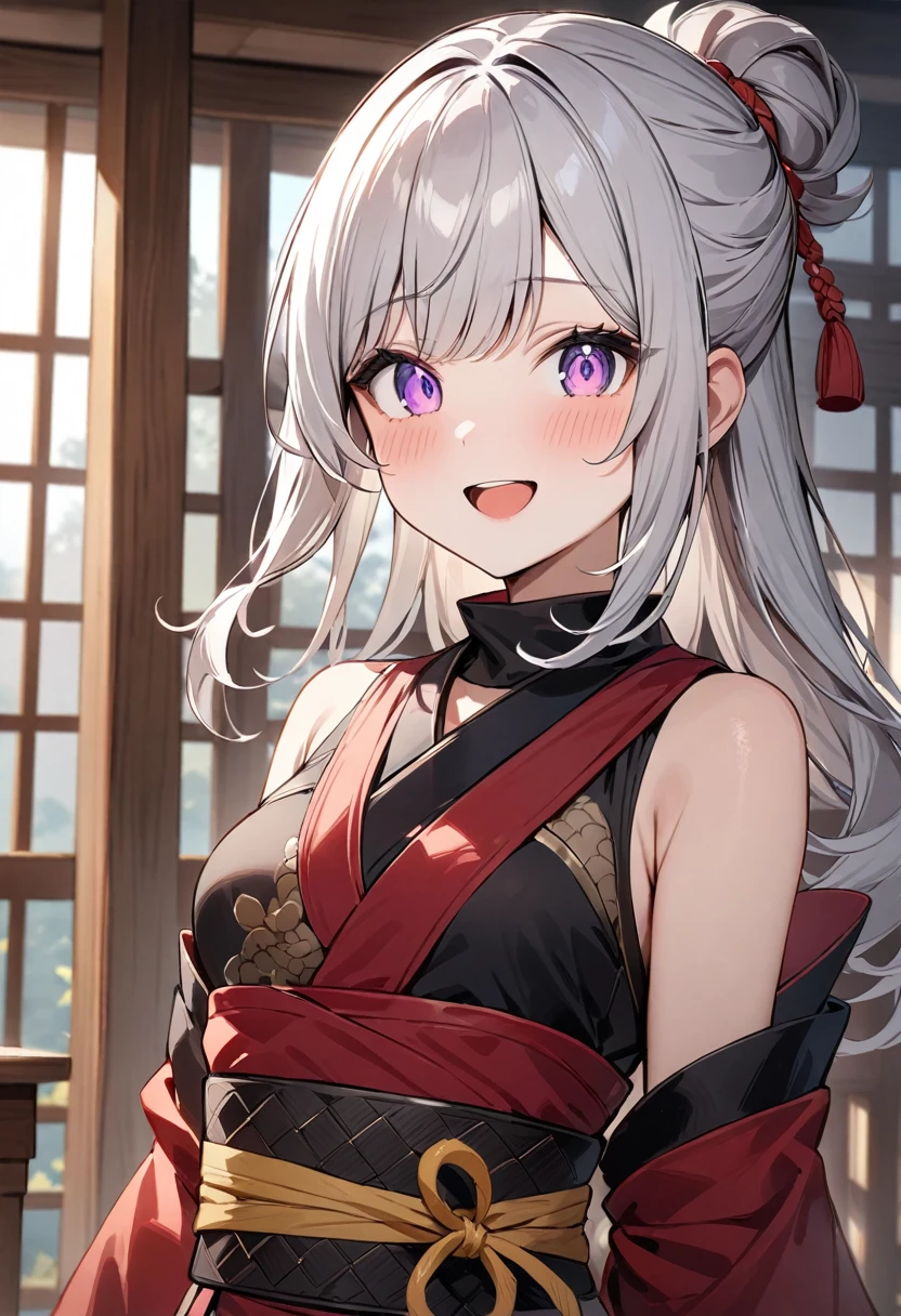 (masterpiece, top quality, very aesthetic, 4k、illustration), intricate detail, 1girl,Standing 、(upper body)、;d、(;d),Cute 、Random Hair Color、,middle hair,sidelock ,Random Color　eyes、ninja clothes、small breasts、Slim 、