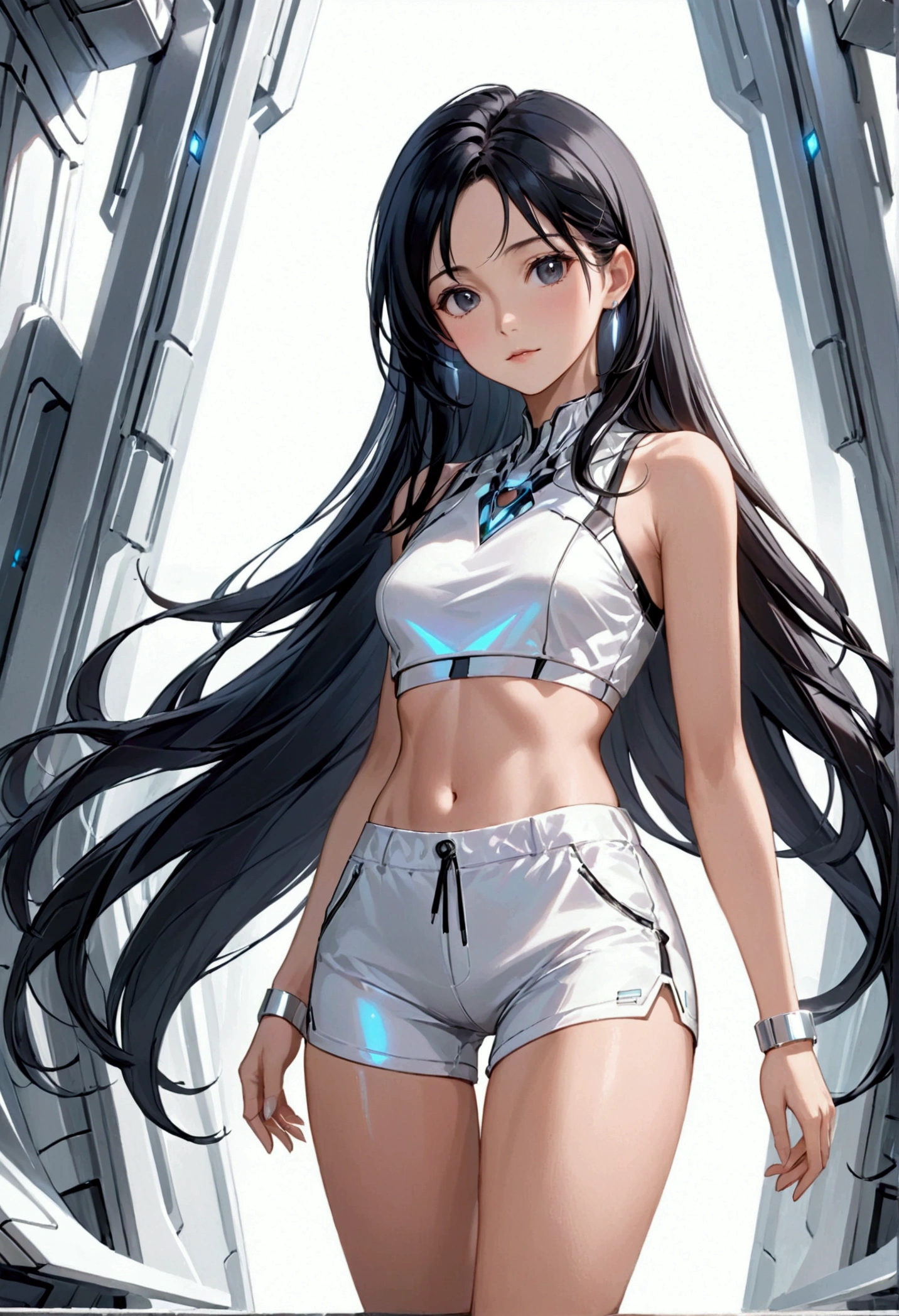 Mature Girl with long black hair with silver highlight, black eyes,tall rectangular body figure, white croptop and shorts