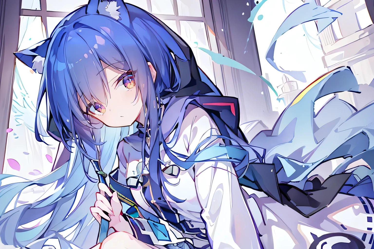 (masterpiece:1.2),Super detailed,lifelike,Expressive eyes,fair skin,perfect face shape,1 girl,
Japanese comics,Gorgeous blue hair,flowing blue hair,flowing clothes,Cat ears,Petals fall,beautiful lola,Baby Angel,
Shaking head with one hand,Cross your legs,Gentle and peaceful background,The pavilion is cool and comfortable,smile, wearing hoodie, In front of the window,snowing