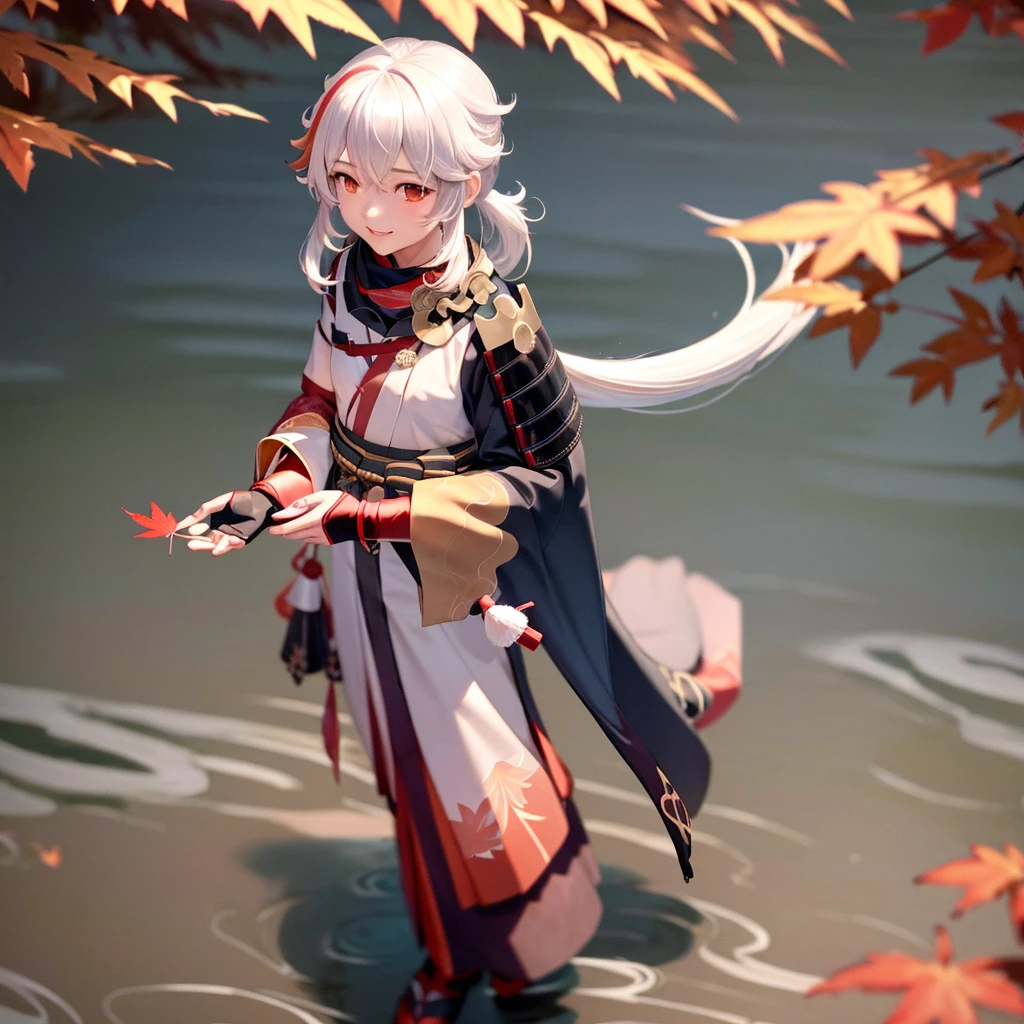 meticulous eyes,masterpiece, best quality,1girl, female focus, little girl,kaedehara kazuha,(very long hair:1.4), solo, japanese clothes, armor, streaked hair, multicolored hair, white hair, leaf, red hair,smile, bangs, red eyes, japanese armor, gloves