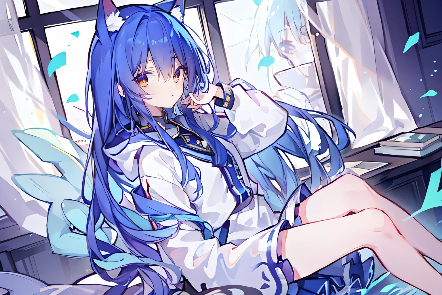 (masterpiece:1.2),Super detailed,lifelike,Expressive eyes,fair skin,perfect face shape,1 girl,
Japanese comics,Gorgeous blue hair,flowing blue hair,flowing clothes,Cat ears,Petals fall,beautiful lola,Baby Angel,
Shaking head with one hand,Cross your legs,Gentle and peaceful background,The pavilion is cool and comfortable,smile, wearing hoodie, In front of the window,snowing