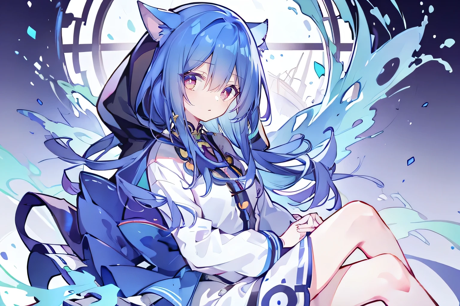 (masterpiece:1.2),Super detailed,lifelike,Expressive eyes,fair skin,perfect face shape,1 girl,
Japanese comics,Gorgeous blue hair,flowing blue hair,flowing clothes,Cat ears,Petals fall,beautiful lola,Baby Angel,
Shaking head with one hand,Cross your legs,Gentle and peaceful background,The pavilion is cool and comfortable,smile, wearing hoodie, In front of the window,snowing