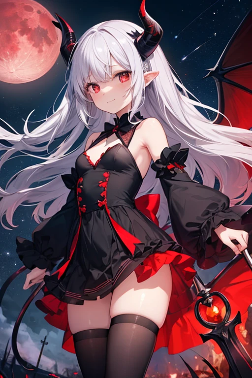 Silver Hair，Red eyes，Two demon horns growing from his forehead，Bat-like wings，girl，Girl，Small breasts，long，straight，Lolita，Small breasts，Bright smile，Looks like ，She is short in stature，Petan Musume，目のhighlight，Wear a black and red dress，longスカート，long，Has a spear，A spear that eerily glows red.，Spearzagungnir，Your eyes are so beautiful，You look so beautiful，highlight，とても美しいhighlight，Scarlet Devil Mansion，outside，Plains at night，Starry Sky，Highlight the moon，Deep red moon，Blood Moon