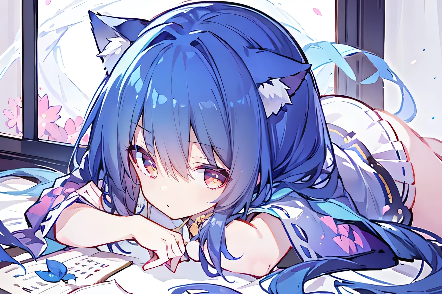 （masterpiece：1.2），Super detailed，lifelike，Expressive eyes，fair skin，perfect face shape，1 girl，
Japanese comics,Gorgeous blue hair,flowing blue hair,flowing clothes,Cat ears,Petals fall,beautiful lola,Baby Angel,
Shaking head with one hand，Cross your legs，Gentle and peaceful background，The pavilion is cool and comfortable,smile, wearing hoodie, In front of the window,snowing