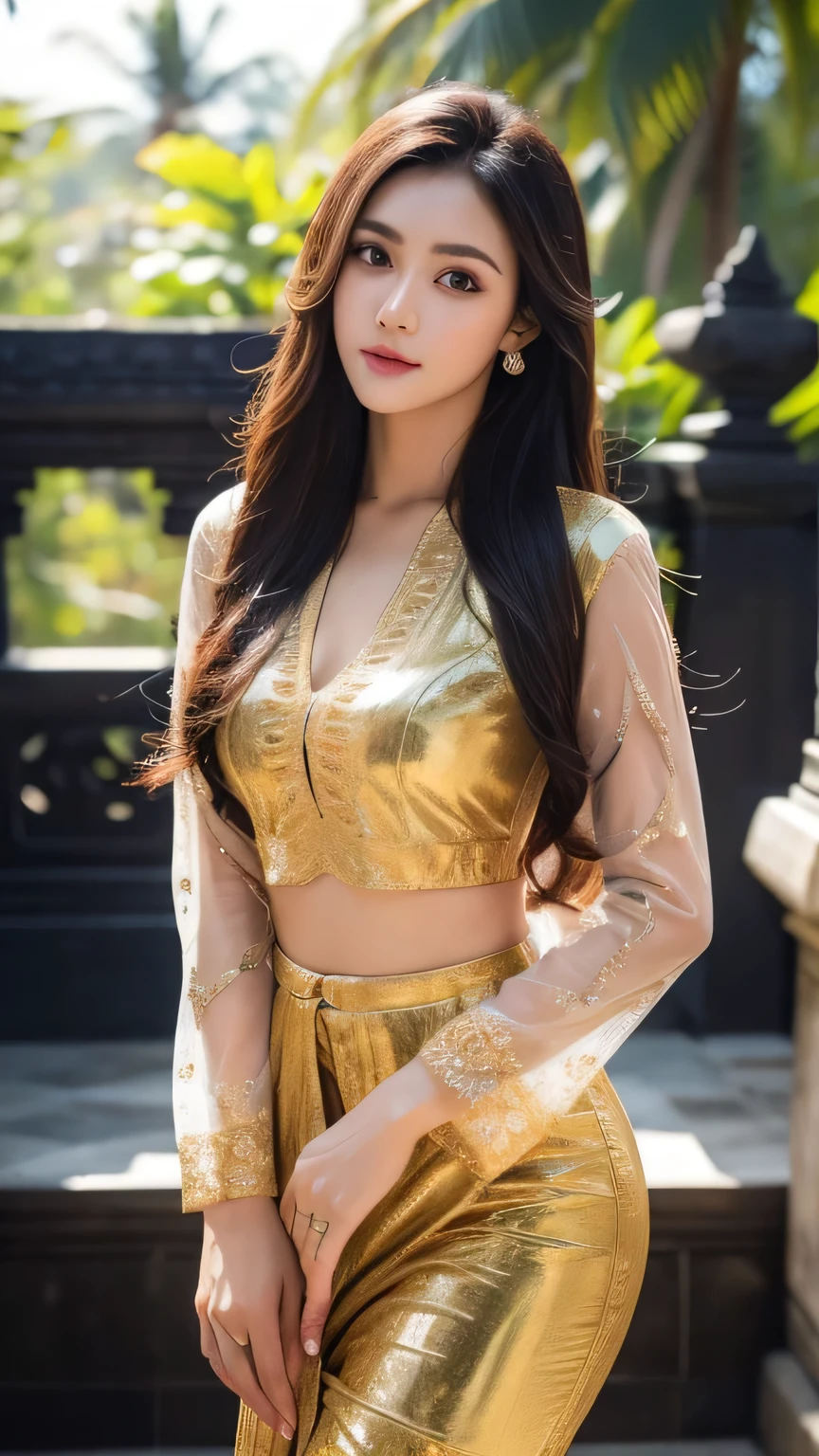 masterpiece, ultra realistic,32k,intricate details, sharp focus, realistic, closed, seductive pose, black eyes, jewelr, lips, realistic, looking_at_viewer, irene1, wet skin, shiny skin, long sleeves, indonesian clothes, bali, balinese, cityscape, dynamic pose, red kebaya,full body,slim body,nice body,long hair,beauty face,cowboy shot