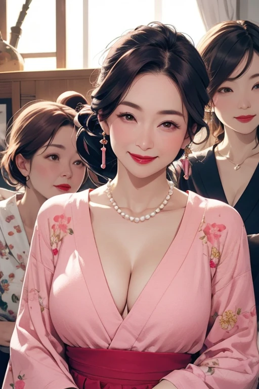 Beautiful mature Japanese woman aged 55, One woman, Married women, Long eyelashes, Low Ponytail, Red lipstick, Pink Cheeks, Pearl Necklace, Earrings, Dark eyeshadow, Cleavage, Colorful clothing with floral patterns, Long skirt, Beautiful body, Angel Smile, Focus on the whole body