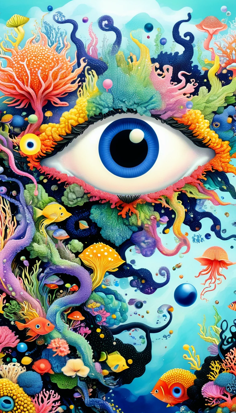 Eyeball World,Broto art style,Strong visual fusion of multiple elements,来自Star的艺术家,Autistic artist,Colorful black,Dopamine color scheme,house、Eye、pearl珠帘、Plerogyra sinuosa、Soft coral、pearl、Coral Reef、Star、cloud、Schools of colorful fish、Spore powder、Tentacles,Describing the inner world of autistic people,密集Pointillism method。Smooth lines。interesting,Strange illustration。Pointillism method。Strong contrast。Award-winning works。