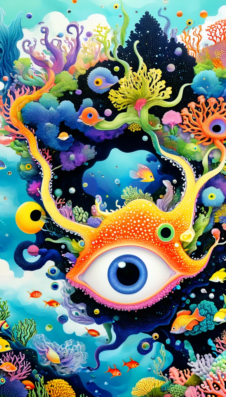 Eyeball World,Broto art style,Strong visual fusion of multiple elements,来自Star的艺术家,Autistic artist,Colorful black,Dopamine color scheme,house、Eye、pearl珠帘、Plerogyra sinuosa、Soft coral、pearl、Coral Reef、Star、cloud、Schools of colorful fish、Spore powder、Tentacles,Describing the inner world of autistic people,密集Pointillism method。Smooth lines。interesting,Strange illustration。Pointillism method。Strong contrast。Award-winning works。