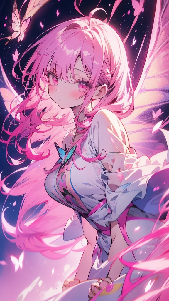 Anime girl with pink hair and butterfly wings in a pink dress, Beautiful animation girl, Beautiful fantasy anime, Beautiful animation style, Ethereal Beauty, Gu Weiss, Beautiful animation woman, Beautiful animation, Beautiful animation portrait, A beautiful artistic illustration, Beautiful fantasy art, 8k high quality detailed art, Fantasy Beauty, Beautiful digital artwork, artwork in the style of Gu Weiss