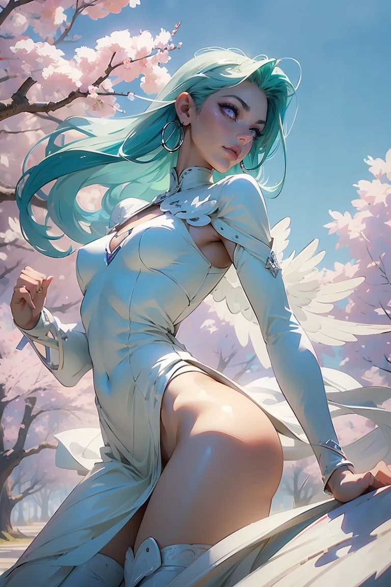 Goddess ((goddess-like woman)), slim, elegant silhouette, masterpiece, (close angle), best quality, pale skin, fair skin, sweet face, (masterpiece: 1.2, best quality), (real picture, intricate details), (1 lady, solo, medium tits, small waist, ), ((Jinx/LOL)), beautiful face, kissable lips, long mint green hair, hair slicked back, (long mint green hair), mint green hair, LONG HAIR, (long mint green hair that goes up to the hips), perfect makeup, realistic face, detailed purple eyes, (purple eyes) bright purple eyes, long hair, eyelashes, mouth slightly open, (white angel wing, big white angel wing,), she has an impressive presence., white angel wing, big white angel wing, wings, bracelet, hoop earrings, Jewelry, beautiful face, beautiful eyes, side view, side view, she is wearing a white tight lace cut out bodycon dresslac3cut0ut, white over the knee boots, big white angel wing, boots, over the knee boots,, sweet irresistible smile, elegant pose, elegant hands, beautiful hands, perfect fingers, background: Park, Japanese garden Cherry trees, cherry blossoms, blue sky, upper body view,
