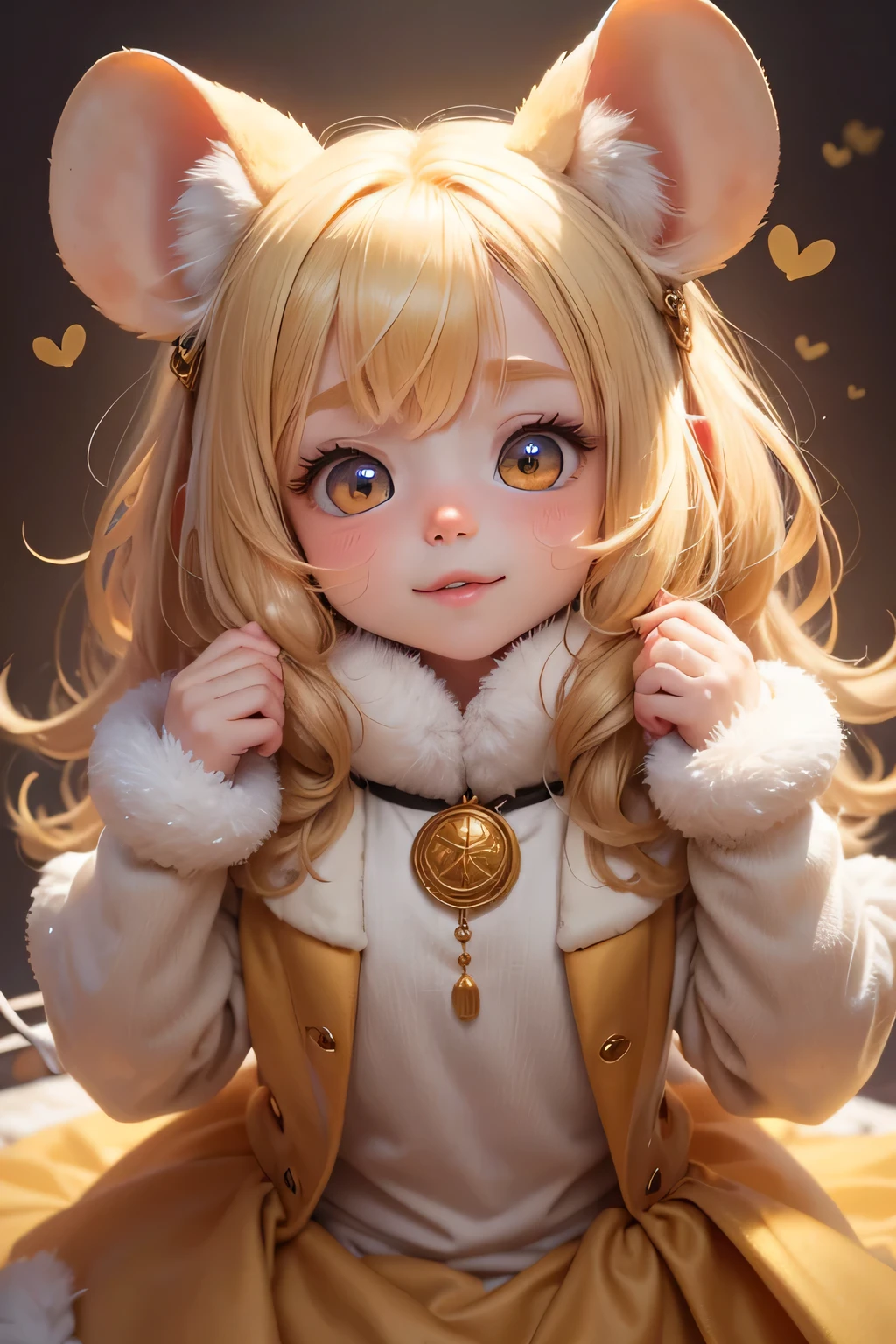 Cute Golden-Tooth Mouse: This adorable mouse stands out with its fluffy, soft fur that seems to glow under the light, and its big, bright eyes filled with curiosity and charm. Unique among its kind, this mouse has long teeth made of gold, a rare and enchanting feature. Despite its intimidating-looking teeth, it exudes a gentle and friendly demeanor, making it an endearing sight to behold.